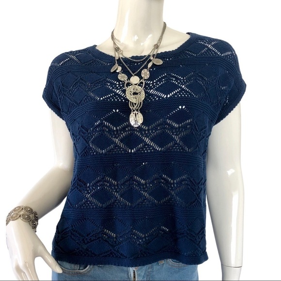 𝅺NY Collection Blue crochet top knit sweater - Picture 2 of 7